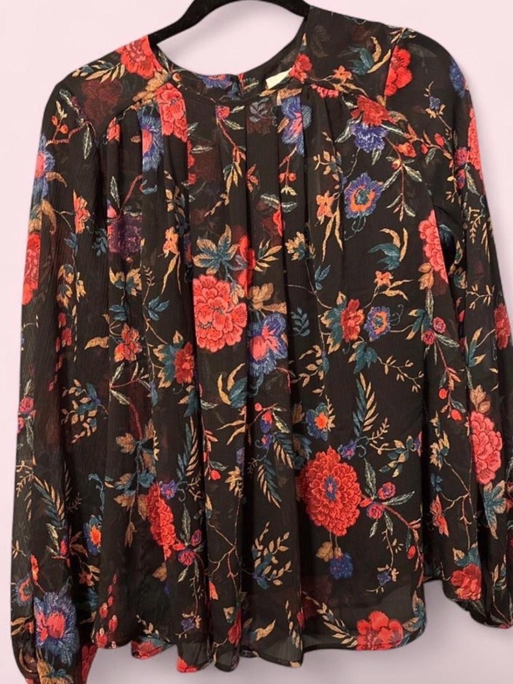 Maeve Black Floral Pleated Long-Sleeve Blouse